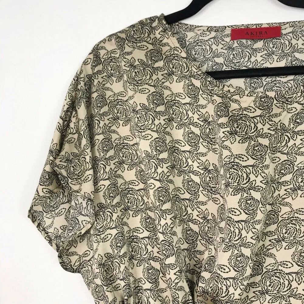 AKIRA Medium M Printed Asymmetrical Cinch Blouse Top Cream Black Floral Print